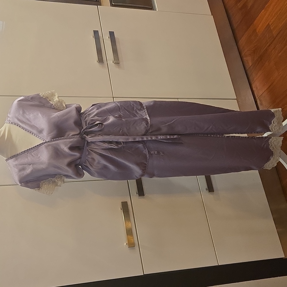 Vintage 100% Silk Lavender Lace Pajama Top & Pants Set Purple Size Medium